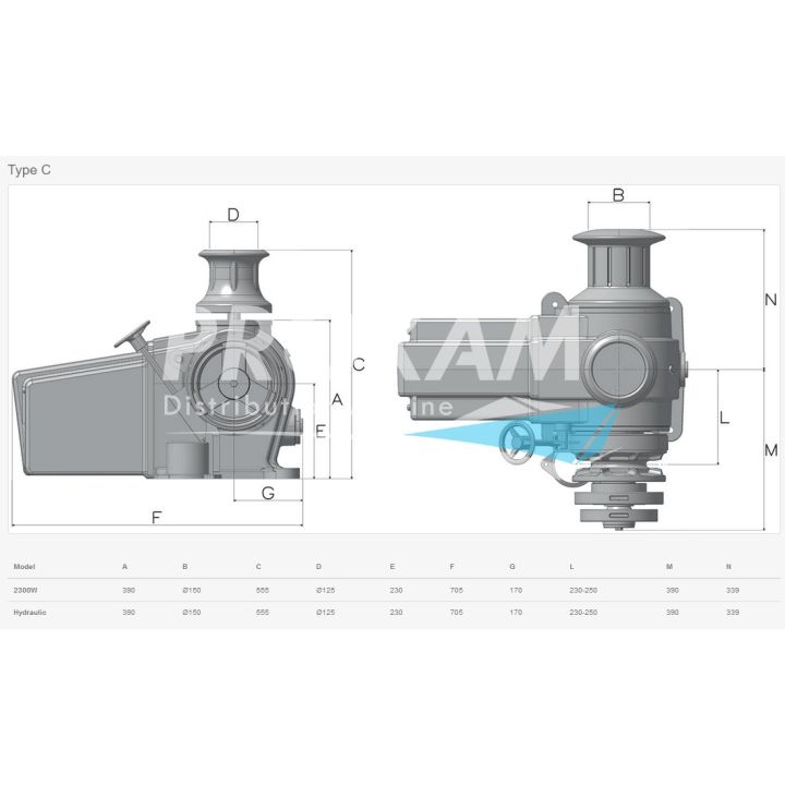 GUINDEAU HORIZ. ERCOLE ALU TYPE C AVEC POUPEE Ø14MM ISO 24V 3500W