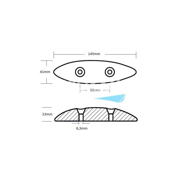 ANODE ZINC - PLAQUE PROFILEE OVALE 145x41x23MM ENTRAXE 52MM