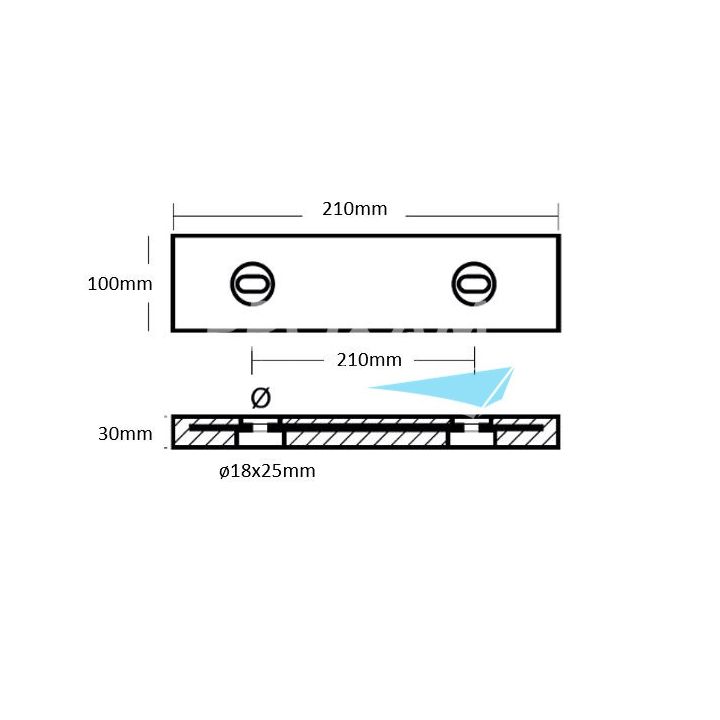 ANODE ZINC - PLAQUE 210x100x30 ENTRAXE 100MM 1.6KG