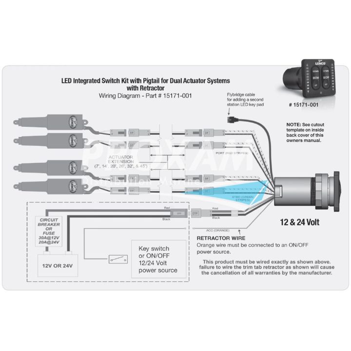 CONTACTEUR INTEGRÉ LENCO 12/24V DOUBLE VÉRIN AVEC LED, FAISCEAU 76CM